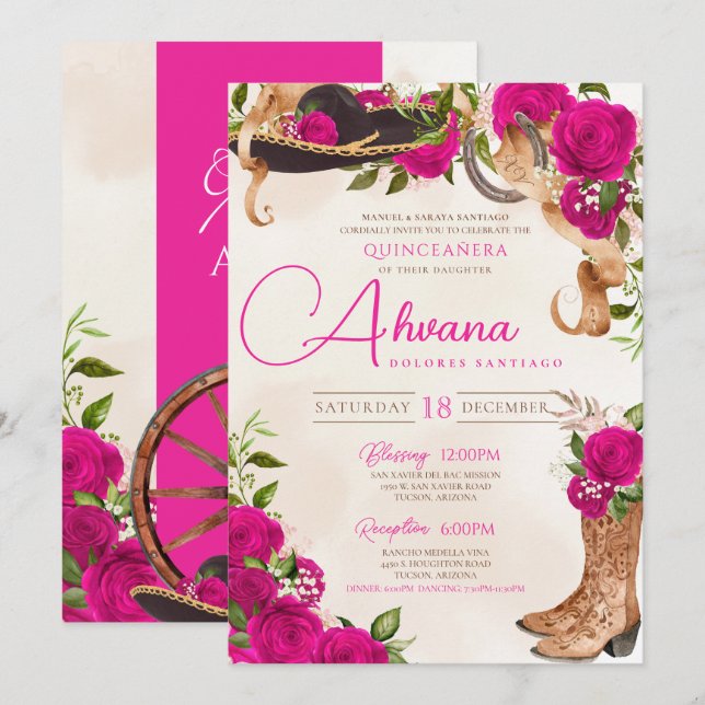 Hot Pink Quinceañera Charro Western Rose Floral Invitation (Front/Back)