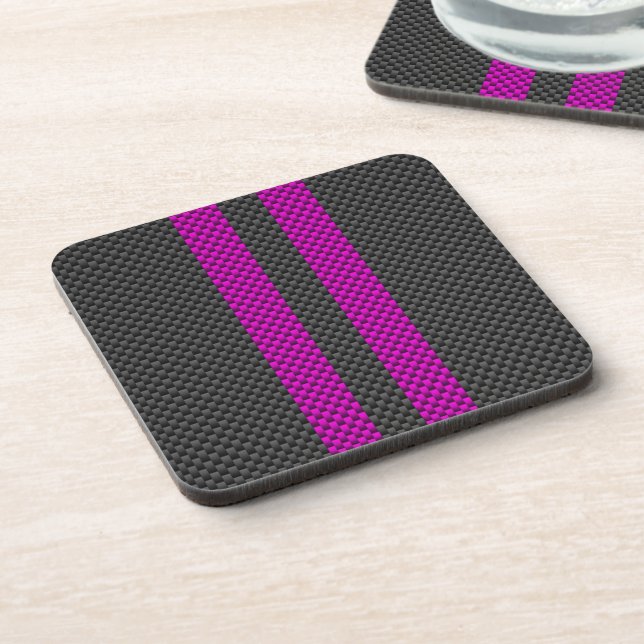Hot Pink Racing Stripes in Carbon Fibre Style Coaster (Left Side)