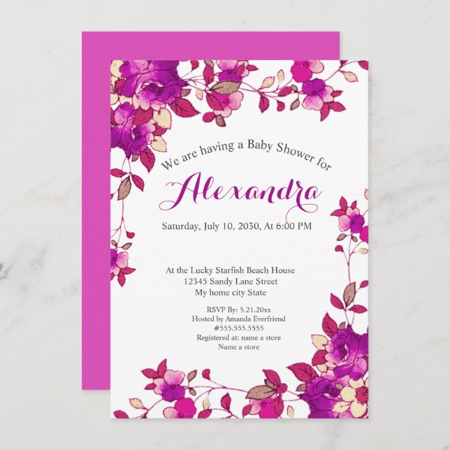 Hot pink Rasberry Floral Baby Shower invitation (Front/Back)