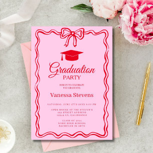 Hot Pink Red Hand-drawn Curve wavy Graduation Invitation