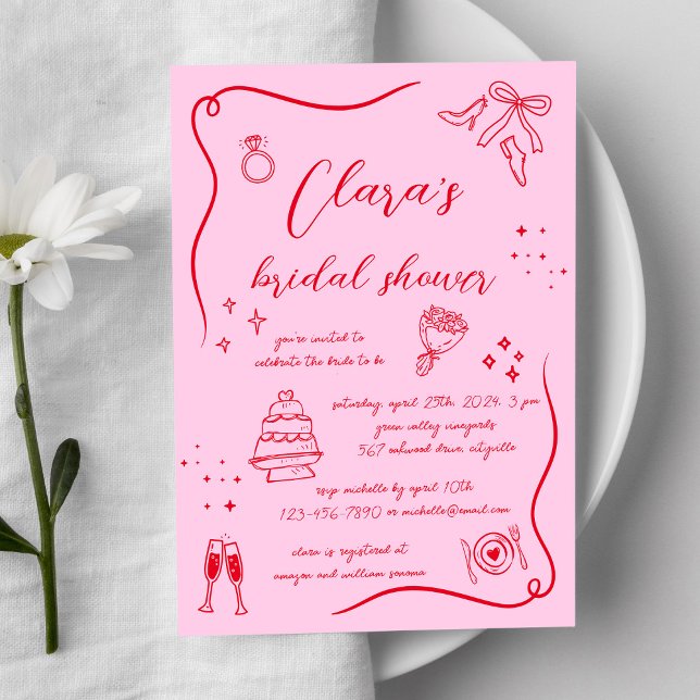 Hot Pink Red Hand drawn Fun Doodle Bridal Shower Invitation (Creator Uploaded)