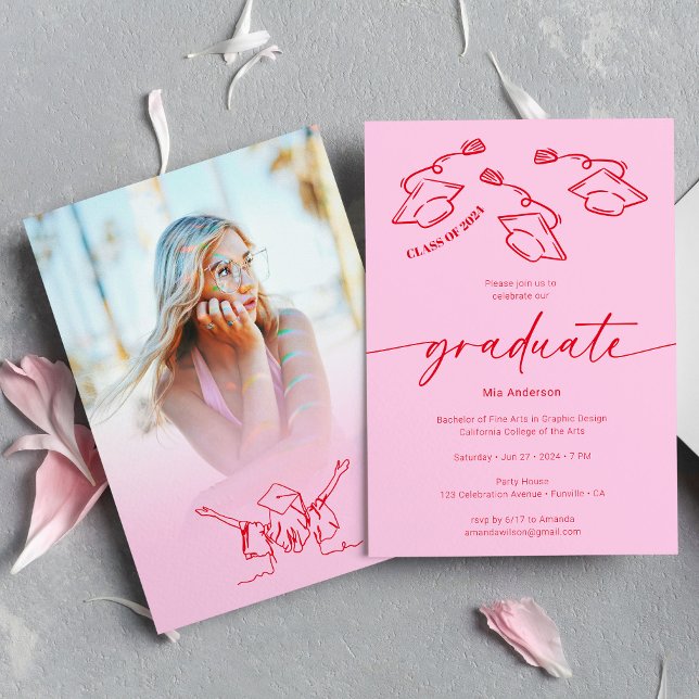 Hot Pink Red Hand-drawn Scrible Hats Graduation Invitation (Creator Uploaded)