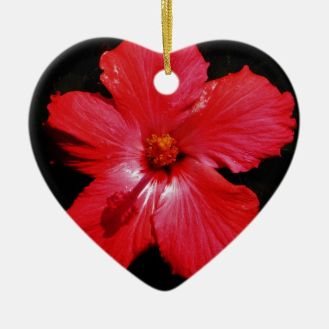 Hot Pink Red Hibiscus flower on Black Ceramic Tree Decoration (Front)
