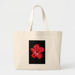 Hot Pink Red Hibiscus flower on Black Large Tote Bag