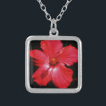 Hot Pink Red Hibiscus flower on Black Silver Plated Necklace<br><div class="desc">Beautiful photo of a Hot Pink Red Hibiscus flower on Black by Artist Sandra Marie Closs. Add your own text, name or monogram to create the perfect product for any occasion. Wedding, bridal party garden party, sympathy , birthday, baby shower, any celebration or just to make your day a little...</div>
