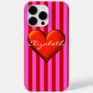 Hot Pink Red Stripe Red Metallic Heart Monogram Case-Mate iPhone 14 Pro Max Case