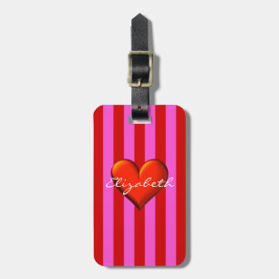 Hot Pink, Red Stripes, Red Metallic Heart Monogram Luggage Tag