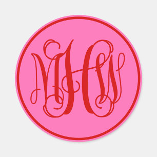 Hot Pink Red Vine Script Monogram, DIY BG Classic Round Sticker