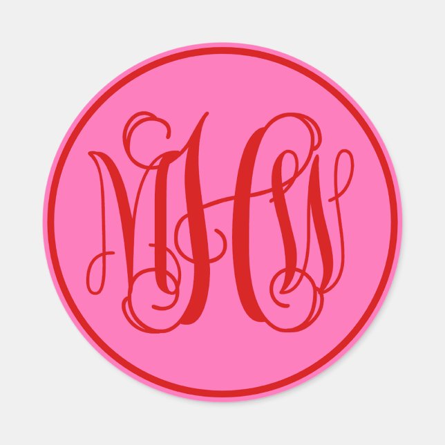 Hot Pink Red Vine Script Monogram, DIY BG Classic Round Sticker (Creator Uploaded)