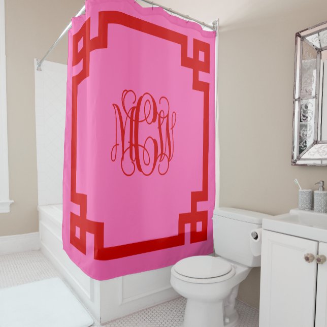 Hot Pink Red Vine Script Monogram Greek Key DIY BG Shower Curtain (Creator Uploaded)