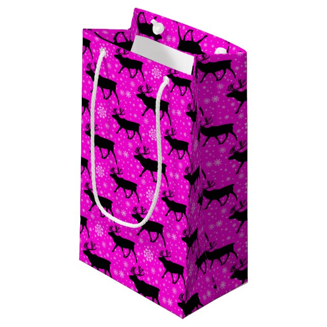 Hot Pink Reindeer and Snowflakes Pattern Small Gift Bag (Front Angled)