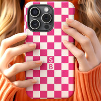 Hot Pink Retro Chequered Pattern Monogram