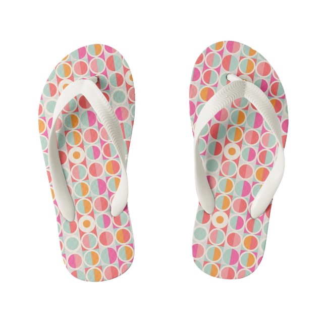 Hot Pink Retro Circle Pattern Kid's Jandals (Footbed)