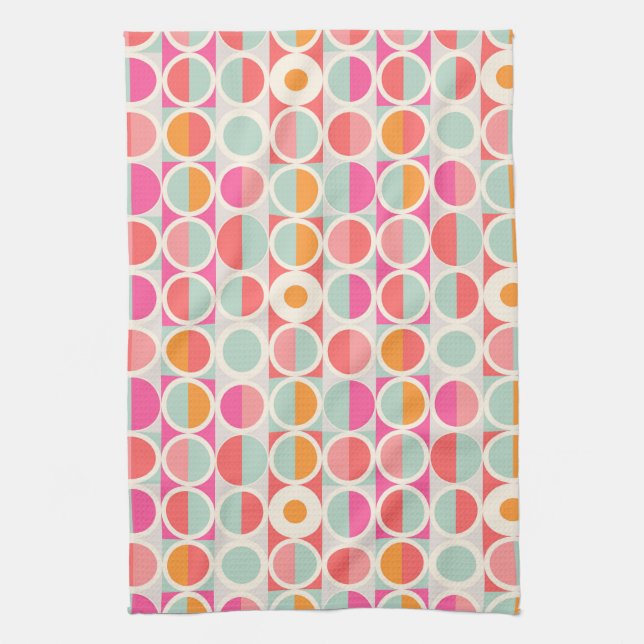 Hot Pink Retro Circle Pattern Tea Towel (Vertical)
