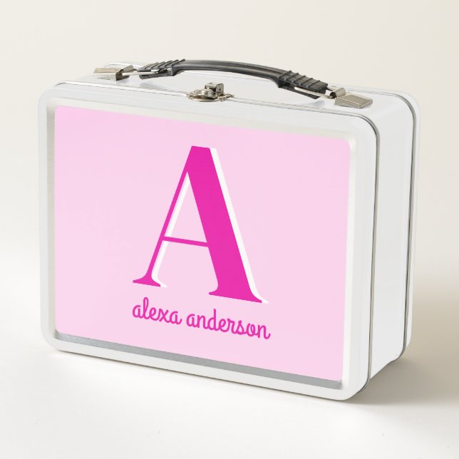 Hot Pink Retro Dolly Monogram Metal Lunch Box (Front)