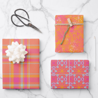 Hot Pink Retro Plaid with Orange and Blue  Wrapping Paper Sheet