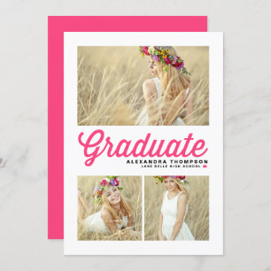 Hot Pink Retro Script Three Photo Graduation Invitation