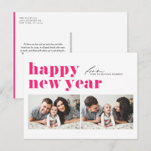 Hot Pink Retro Typography Happy Holidays Two Photo Holiday Postcard