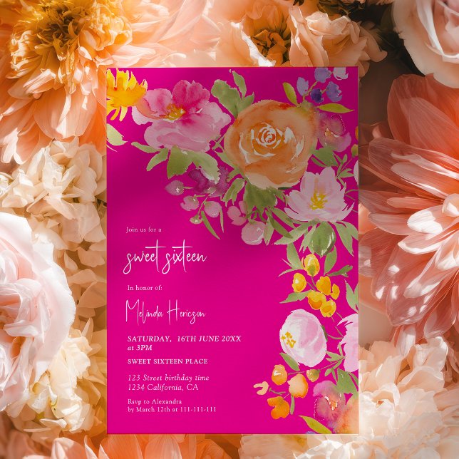 Hot Pink romantic summer floral sweet 16 Invitation (Hot Pink romantic summer floral sweet 16 Invitation)