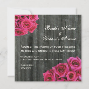 Hot Pink Rose and Barnwood Wedding Invitation