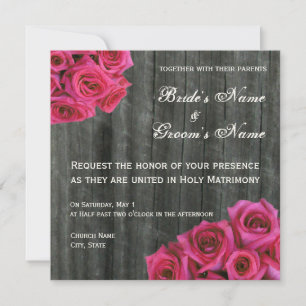 Hot Pink Rose and Barnwood Wedding Invitation
