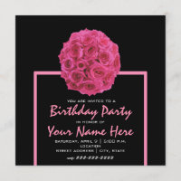 Hot Pink Rose Bouquet Birthday Party Invite