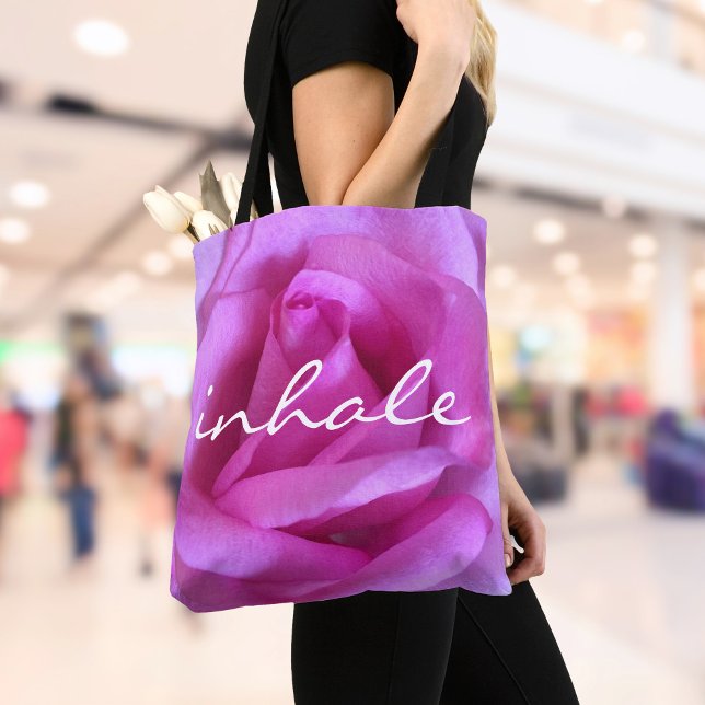 Hot Pink Rose Flower Photography Inhale Script Tote Bag (Creator Uploaded)