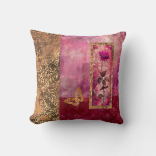 Hot pink rose grunge style floral cushion