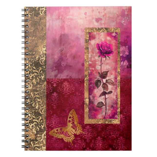Hot pink rose grunge style floral  notebook (Front)