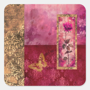 Hot pink rose grunge style floral  square sticker