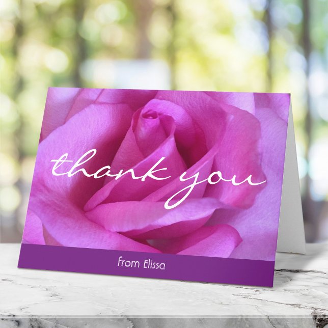 Hot pink rose photo script monogram name modern thank you card (Creator Uploaded)
