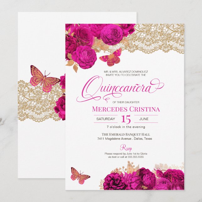 Hot Pink Roses and Lace Butterfly Quinceañera Invi Invitation (Front/Back)