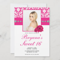 Hot Pink Roses & Damask Diamond Bling Invitations