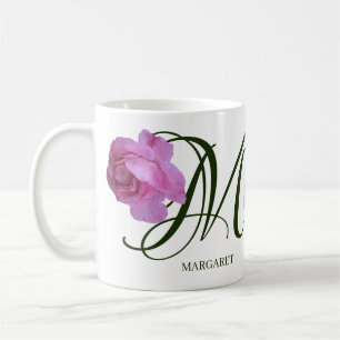 Hot Pink roses flowers with M monogram by Berglind Coffee Mug