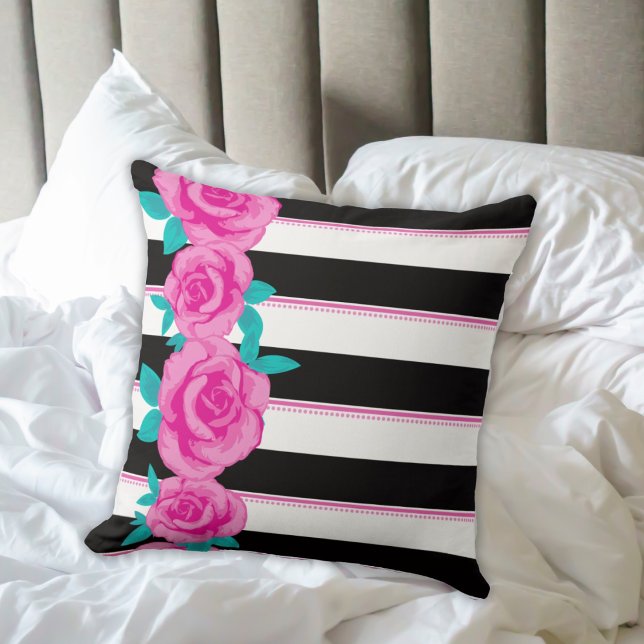 Hot Pink Roses on Black and White Striped Pillow (Creator Uploaded)