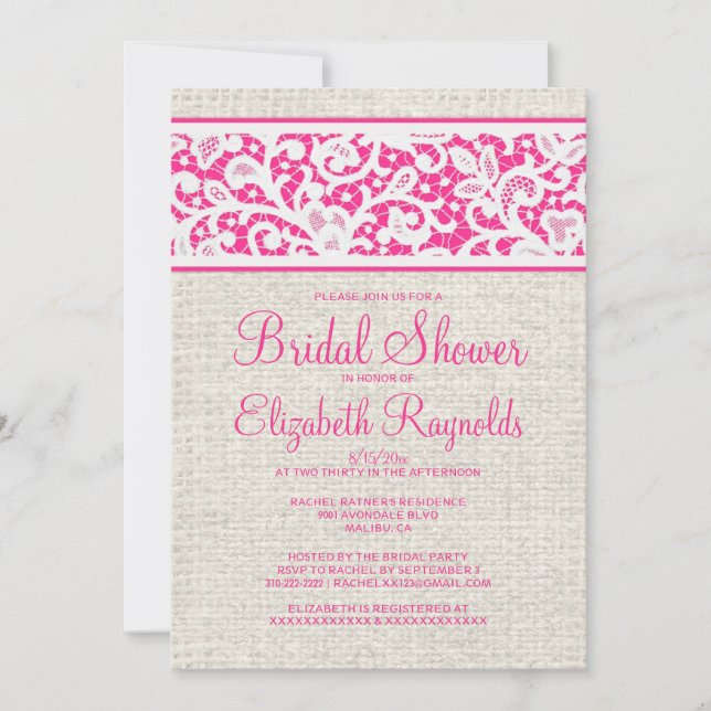 Hot Pink Rustic Burlap Linen Bridal Shower Invites (Front)