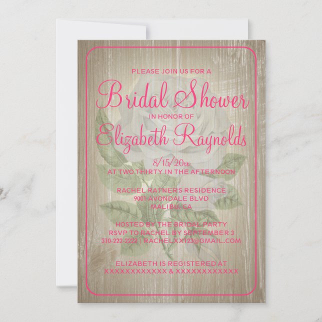 Hot Pink Rustic Floral Bridal Shower Invitations (Front)