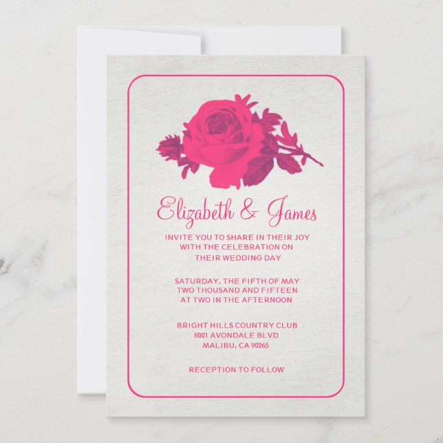 Hot Pink Rustic Floral/Flower Wedding Invitations (Front)