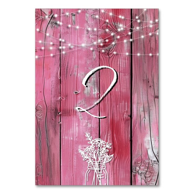 Hot Pink Rustic Wood String Lights Mason Jar Table Number (Back)