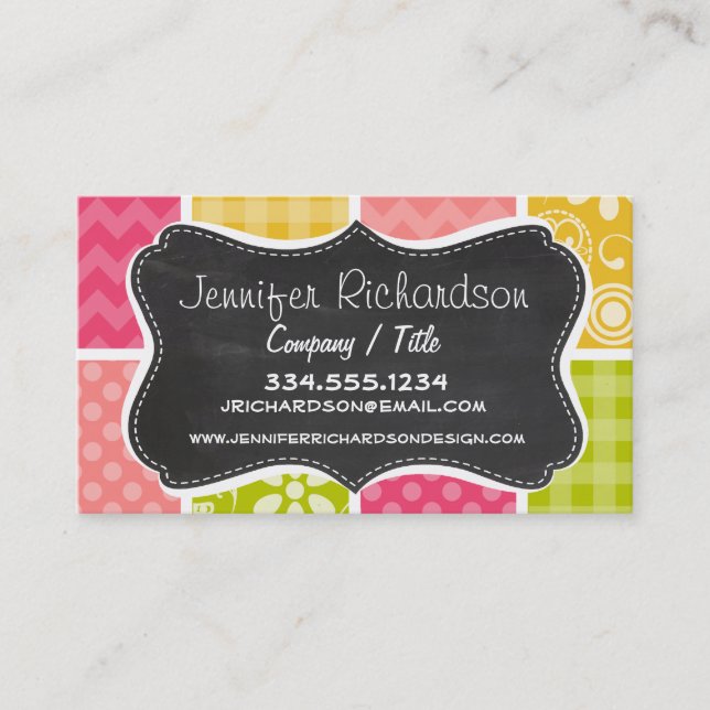 Hot Pink, Salmon, Yellow and Green Cute Chequered Business Card (Front)
