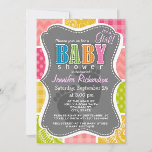 Hot Pink, Salmon, Yellow and Green Cute Chequered Invitation