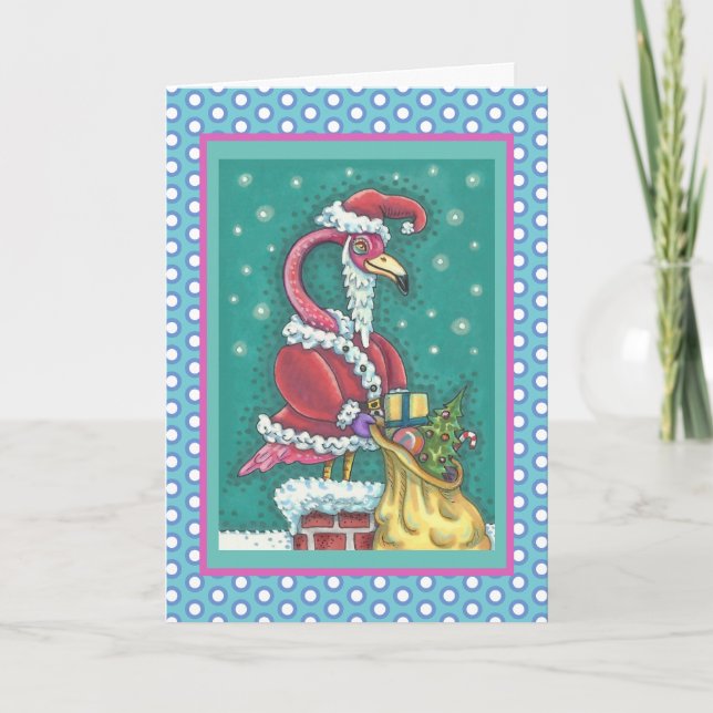 HOT PINK SANTA FLAMINGO CHRISTMAS GREETING CARD V (Front)