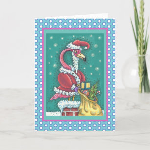 HOT PINK SANTA FLAMINGO CHRISTMAS GREETING CARD V