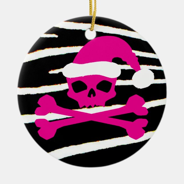 Hot Pink Santa Skull Ceramic Tree Decoration (Front)