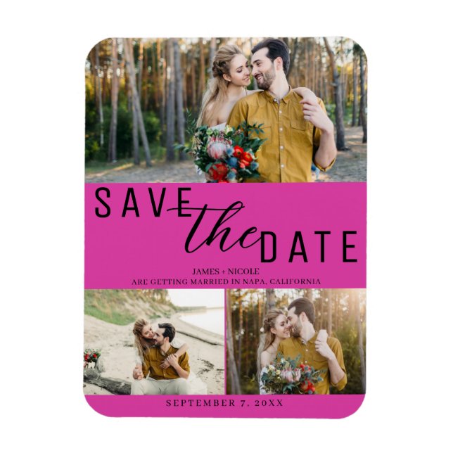 Hot Pink Save the Date Wedding 3 Photos Magnet (Vertical)