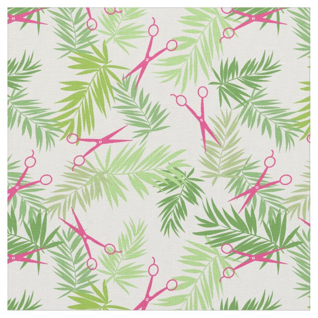 Hot Pink Scissors Green Palm Fronds Fabric (Close Up)