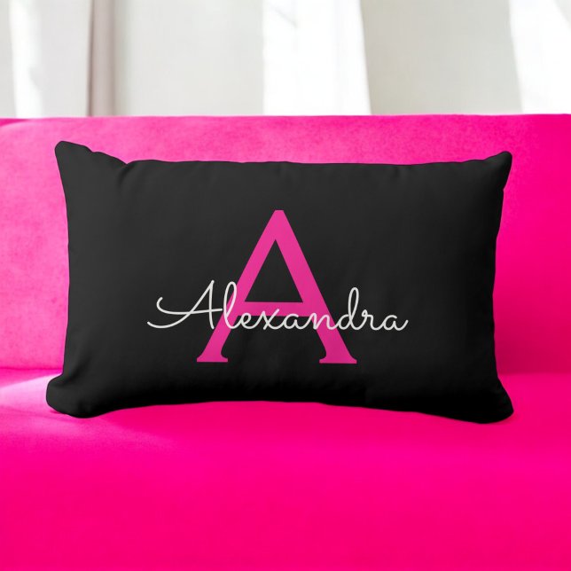 Hot Pink Script Girly Monogram Name Lumbar Cushion (Creator Uploaded)
