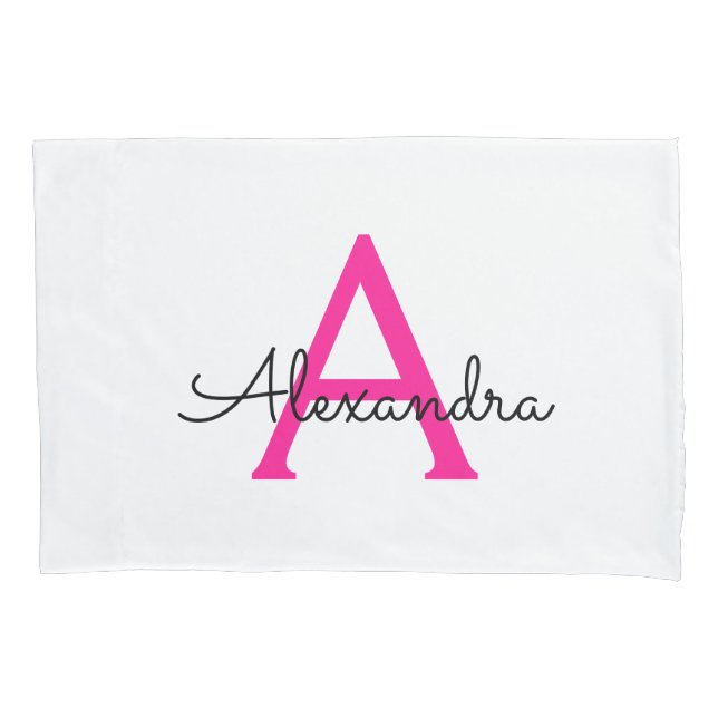 Hot Pink Script Girly Monogram Name Pillowcase (Front)