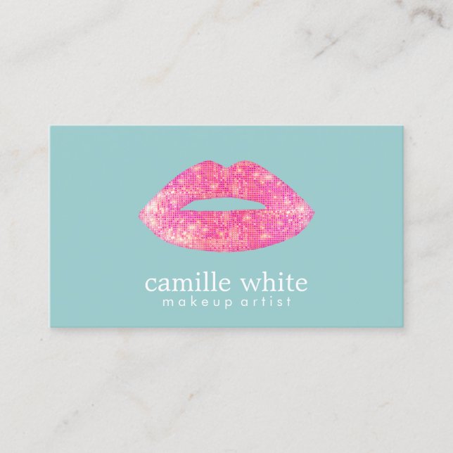 Hot Pink Sequin Lips Beauty Salon Cute  Teal Business Card (Front)