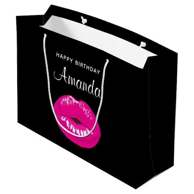 Hot Pink Shiny Lips on Black Birthday Large Gift Bag (Back Angled)